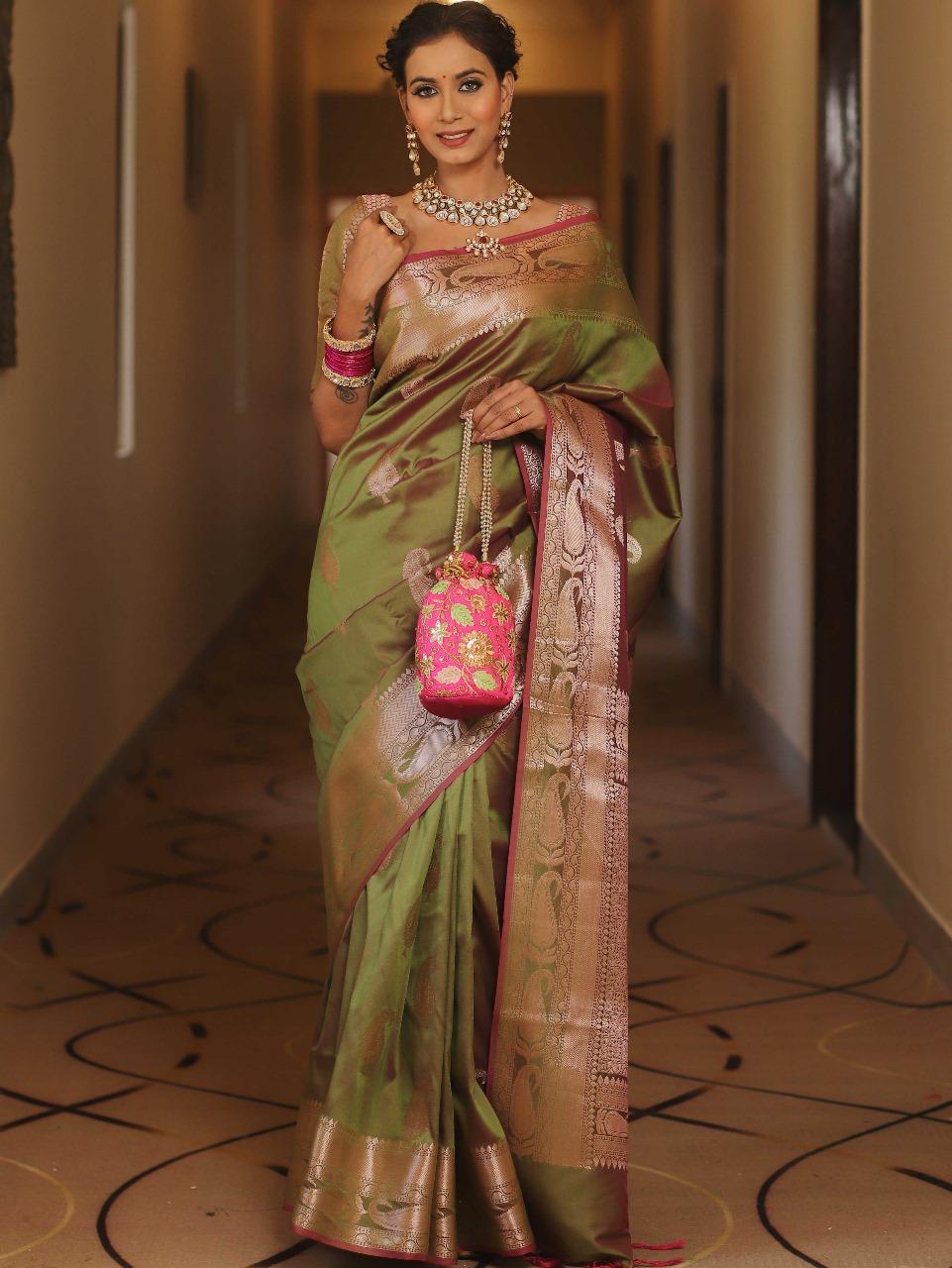 Effervescent Mehndi Soft Banarasi Silk Saree With Quintessential Blouse Piece