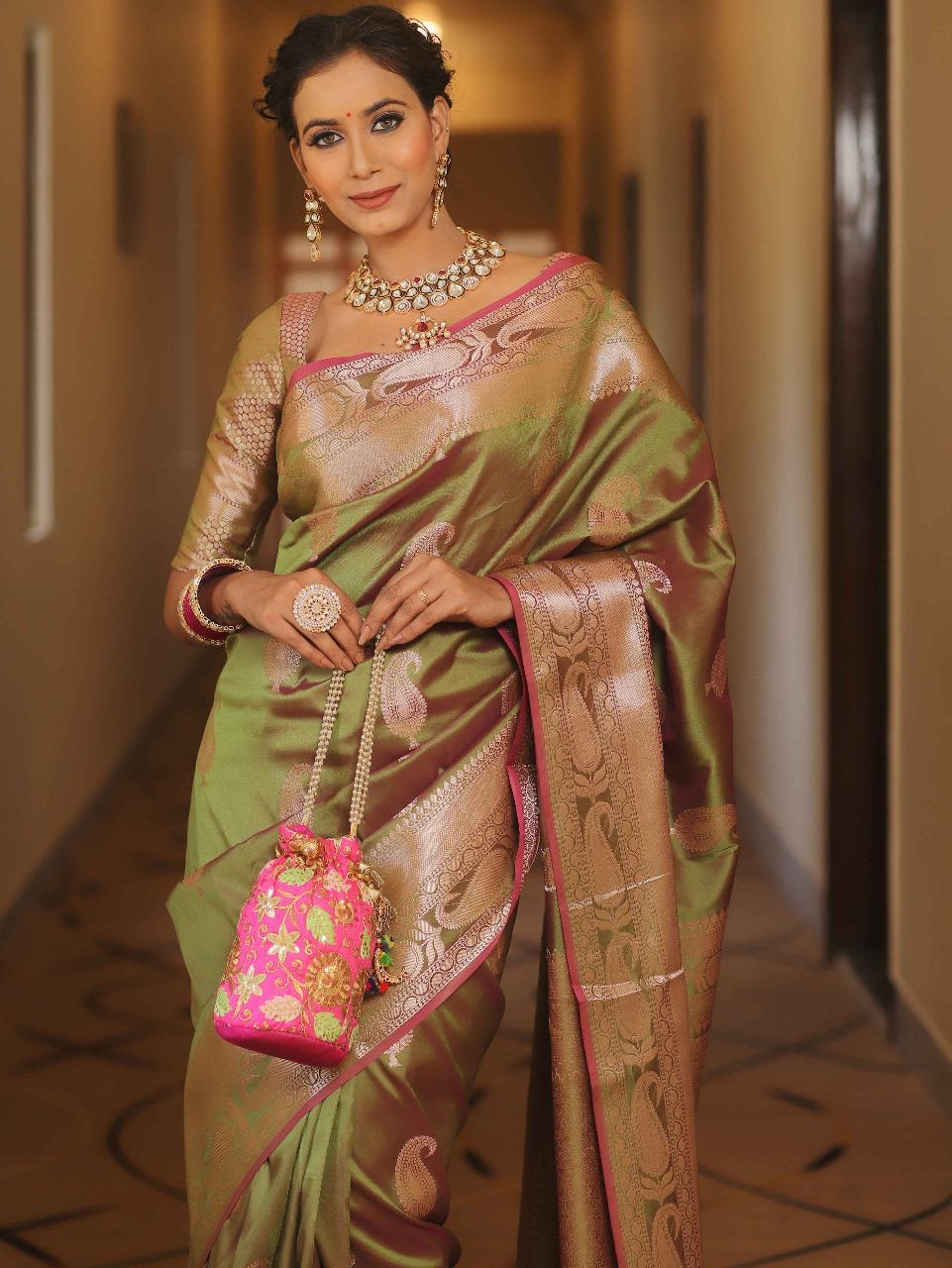 Effervescent Mehndi Soft Banarasi Silk Saree With Quintessential Blouse Piece