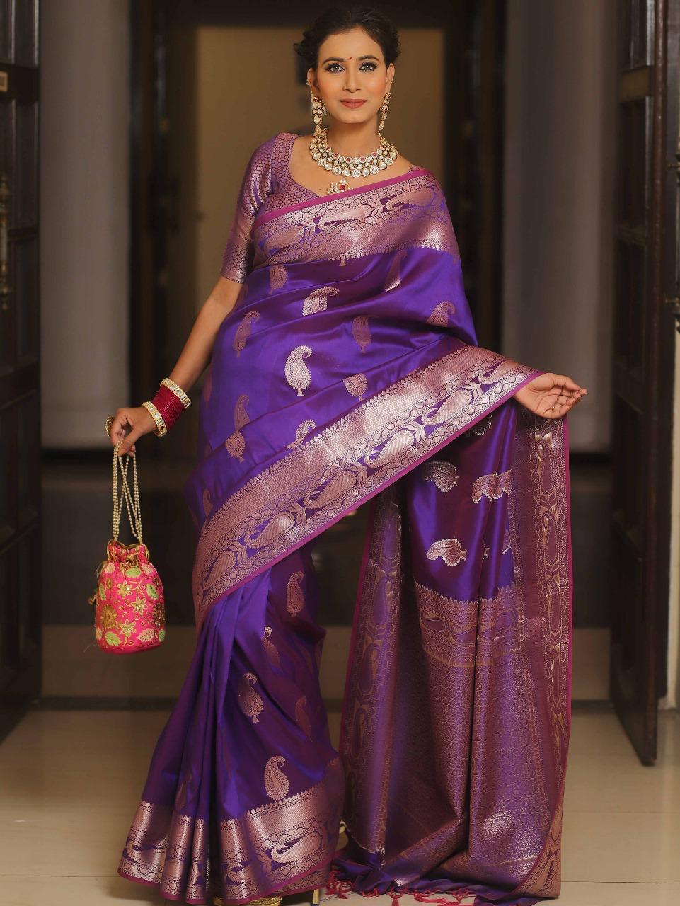 Confounding Purple Soft Banarasi Silk Saree With Incomparable Blouse Piece