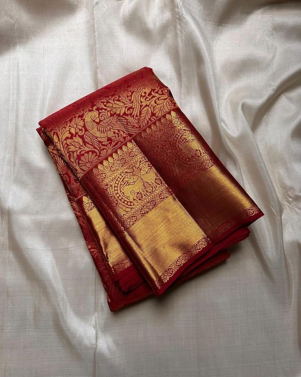 Phenomenal Red Soft Banarasi Silk Saree With Magnificat Blouse Piece