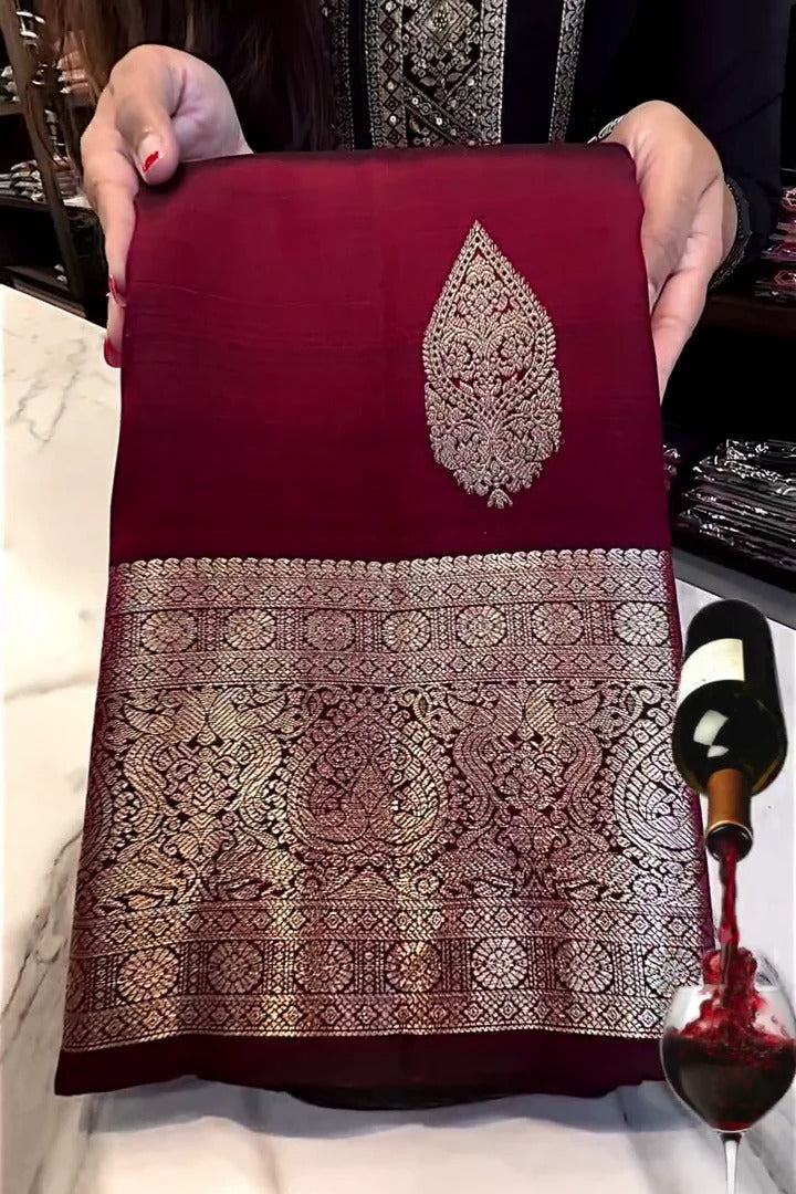 Gleaming Wine Soft Banarasi Silk Saree With Skinny Blouse Piece