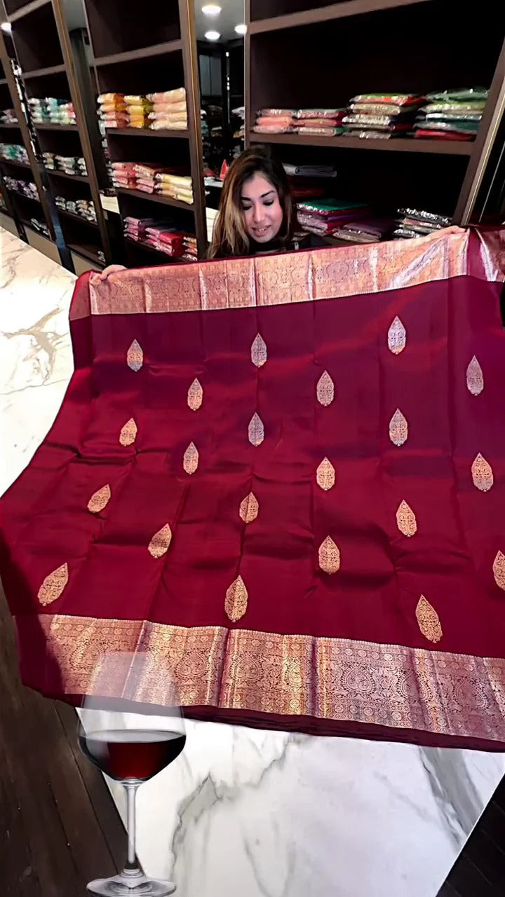 Gleaming Wine Soft Banarasi Silk Saree With Skinny Blouse Piece