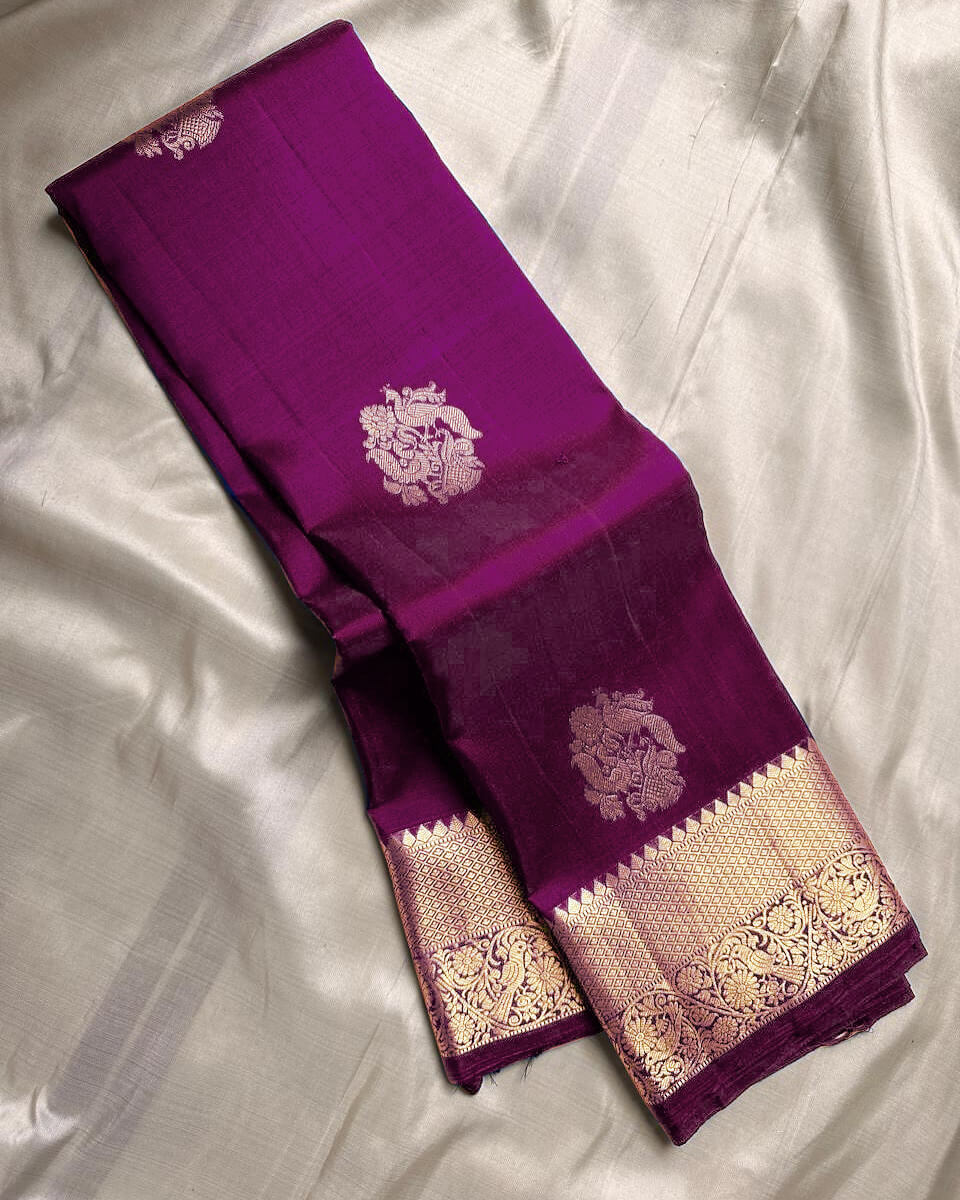 Ornate Purple Soft Banarasi Silk Saree With Alluring Blouse Piece