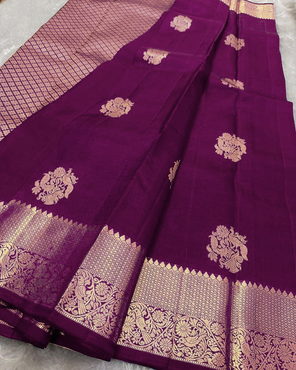 Ornate Purple Soft Banarasi Silk Saree With Alluring Blouse Piece