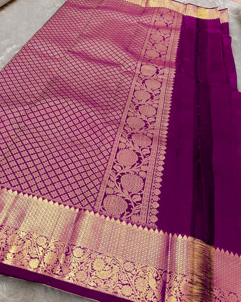 Ornate Purple Soft Banarasi Silk Saree With Alluring Blouse Piece