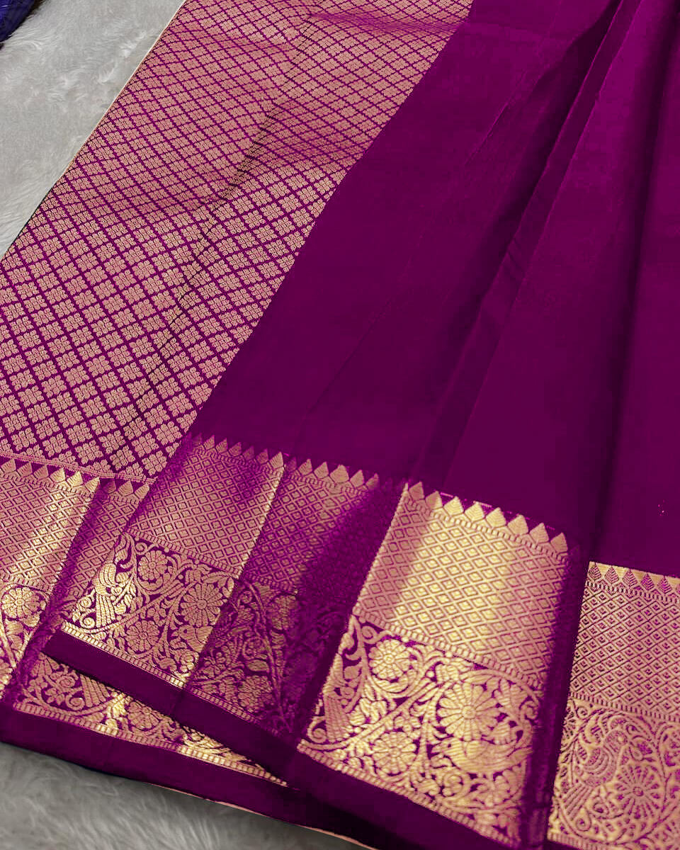 Ornate Purple Soft Banarasi Silk Saree With Alluring Blouse Piece