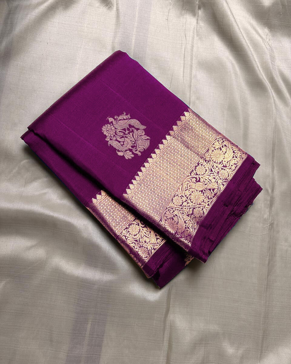 Ornate Purple Soft Banarasi Silk Saree With Alluring Blouse Piece