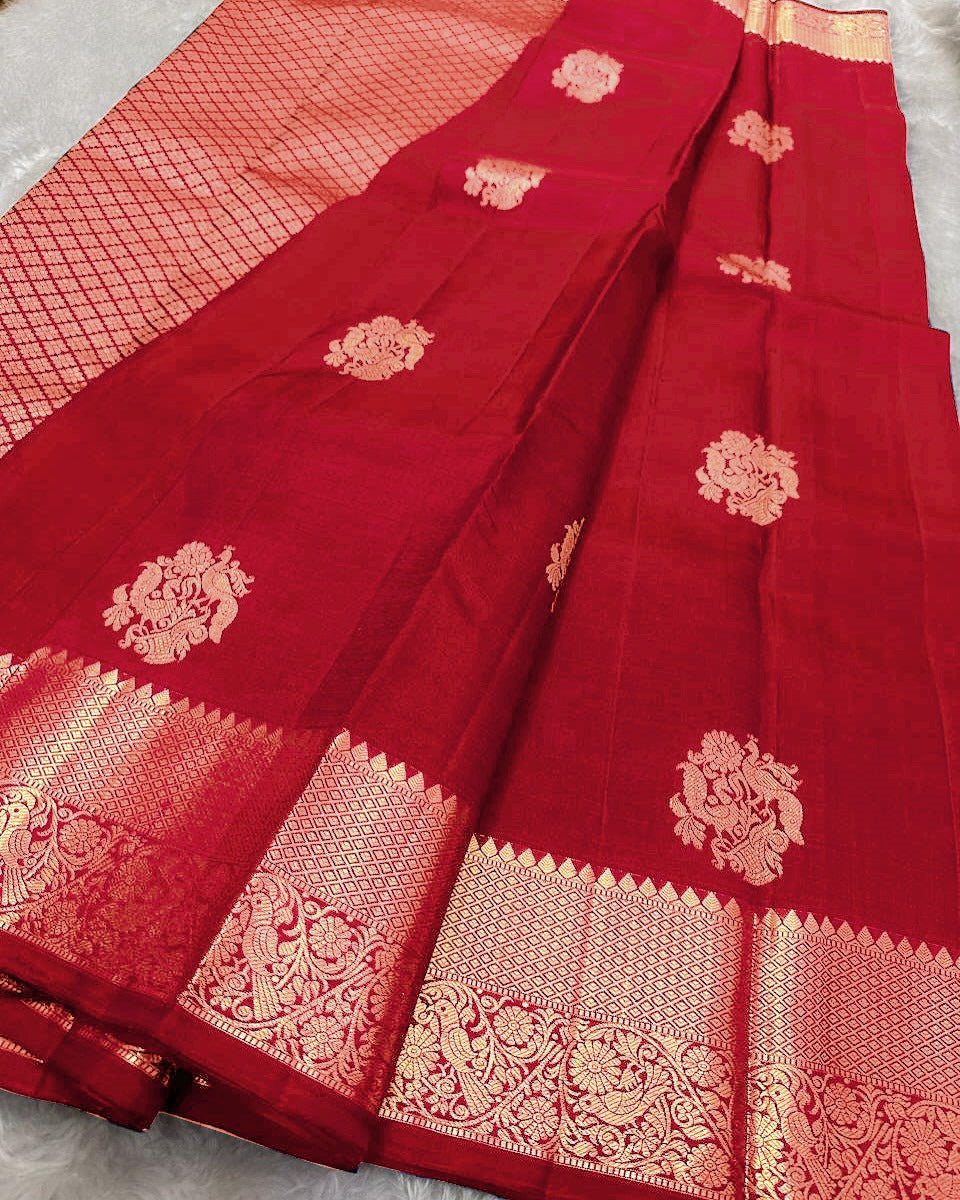 Fragrant Red Soft Banarasi Silk Saree With Smashing Blouse Piece