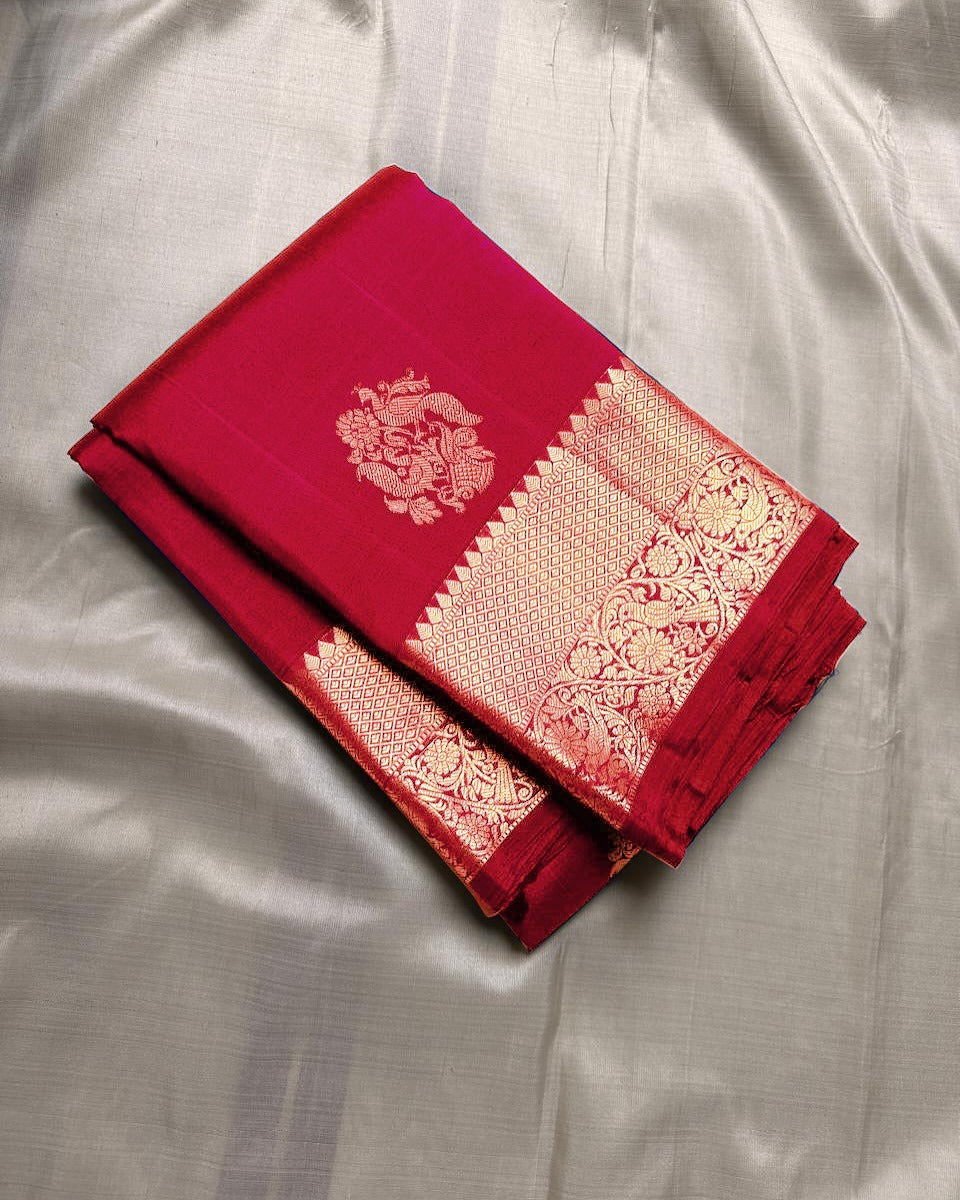 Fragrant Red Soft Banarasi Silk Saree With Smashing Blouse Piece