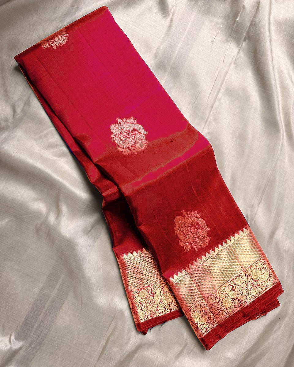 Fragrant Red Soft Banarasi Silk Saree With Smashing Blouse Piece
