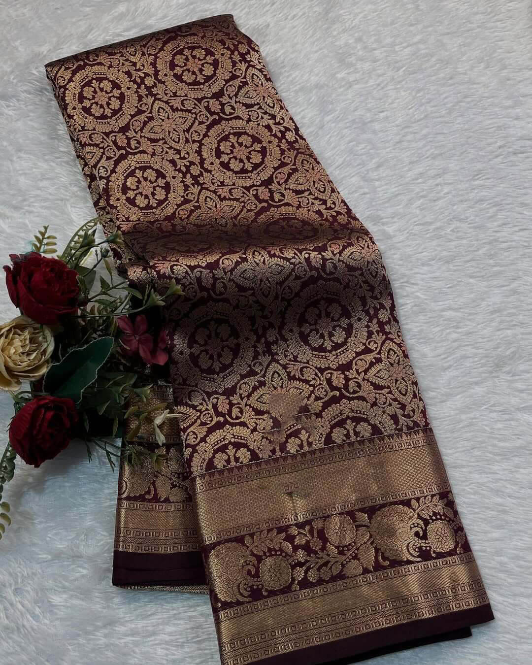 Innovative Wine Soft Banarasi Silk Saree With Flattering Blouse Piece