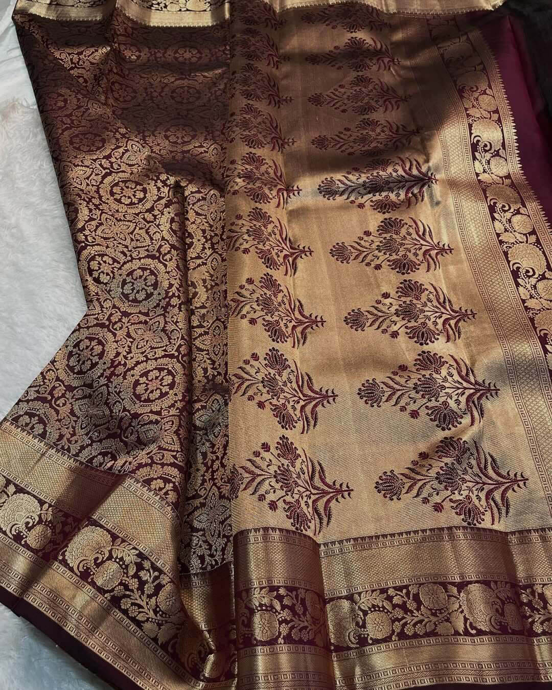 Innovative Wine Soft Banarasi Silk Saree With Flattering Blouse Piece