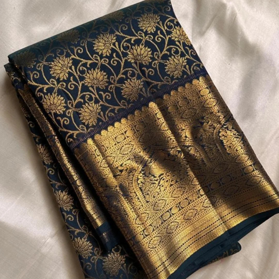 Lovely Black Soft Banarasi Silk Saree With Symmetrical Blouse Piece