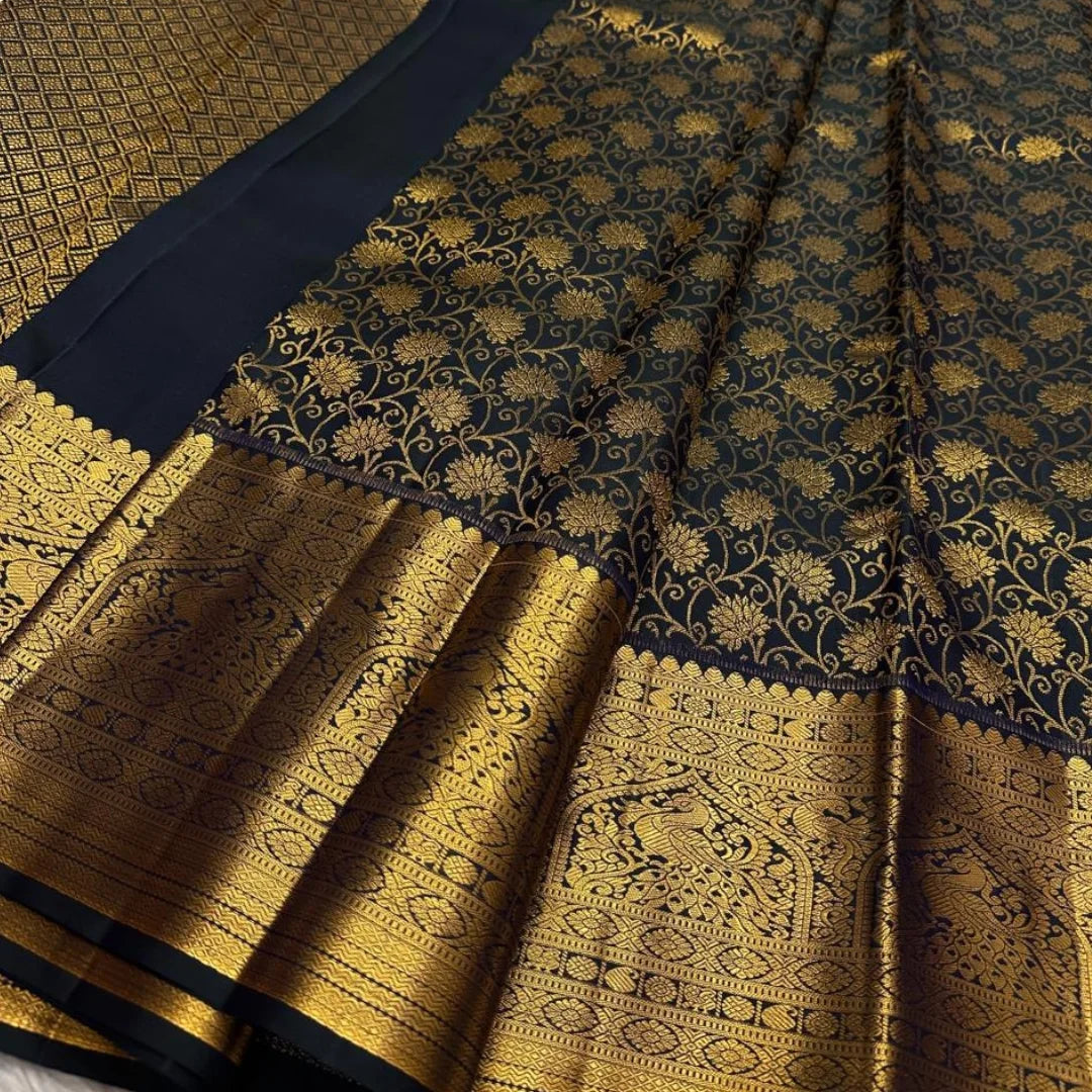 Lovely Black Soft Banarasi Silk Saree With Symmetrical Blouse Piece