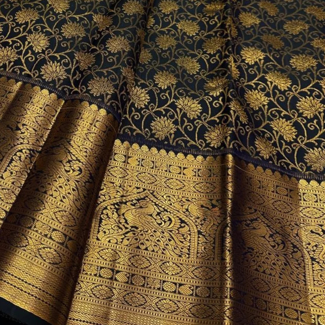 Lovely Black Soft Banarasi Silk Saree With Symmetrical Blouse Piece