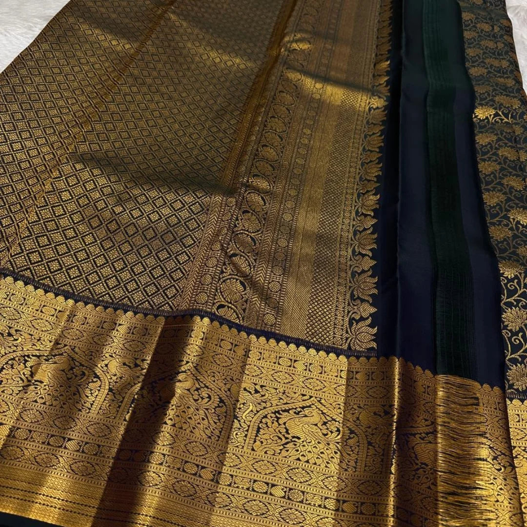 Lovely Black Soft Banarasi Silk Saree With Symmetrical Blouse Piece