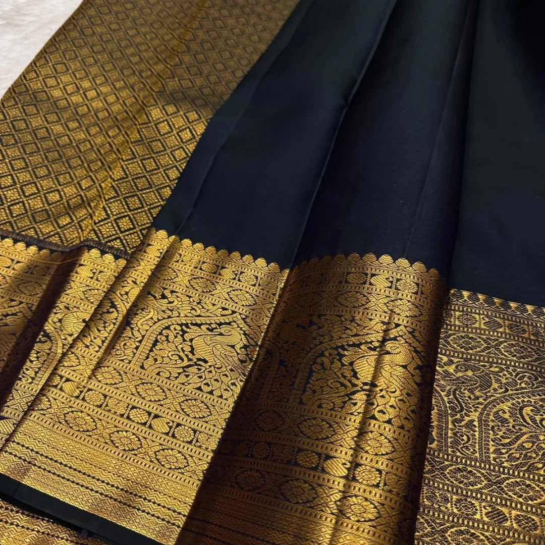 Lovely Black Soft Banarasi Silk Saree With Symmetrical Blouse Piece