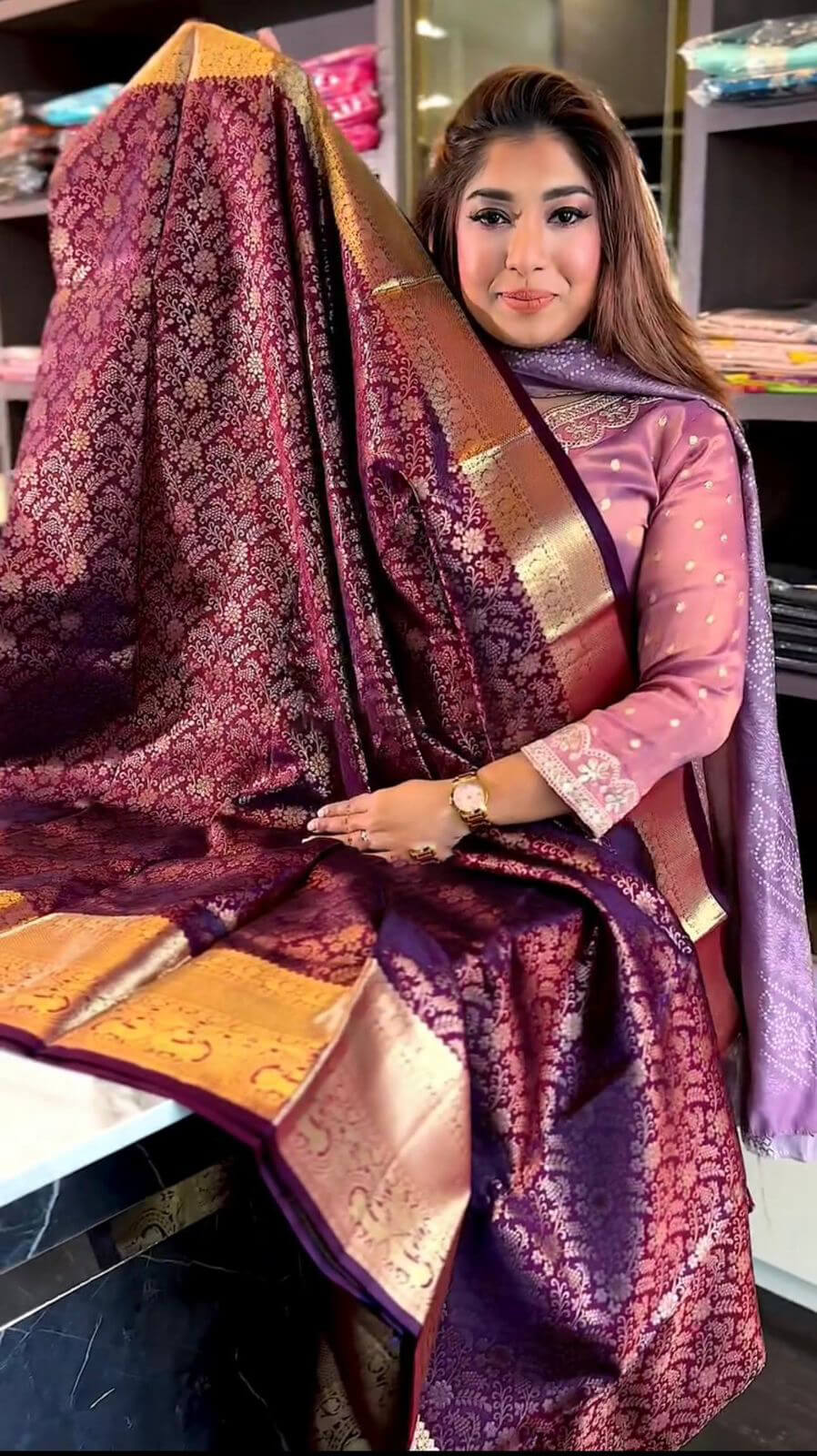 Fairytale Purple Soft Banarasi Silk Saree With Tantalizing Blouse Piece
