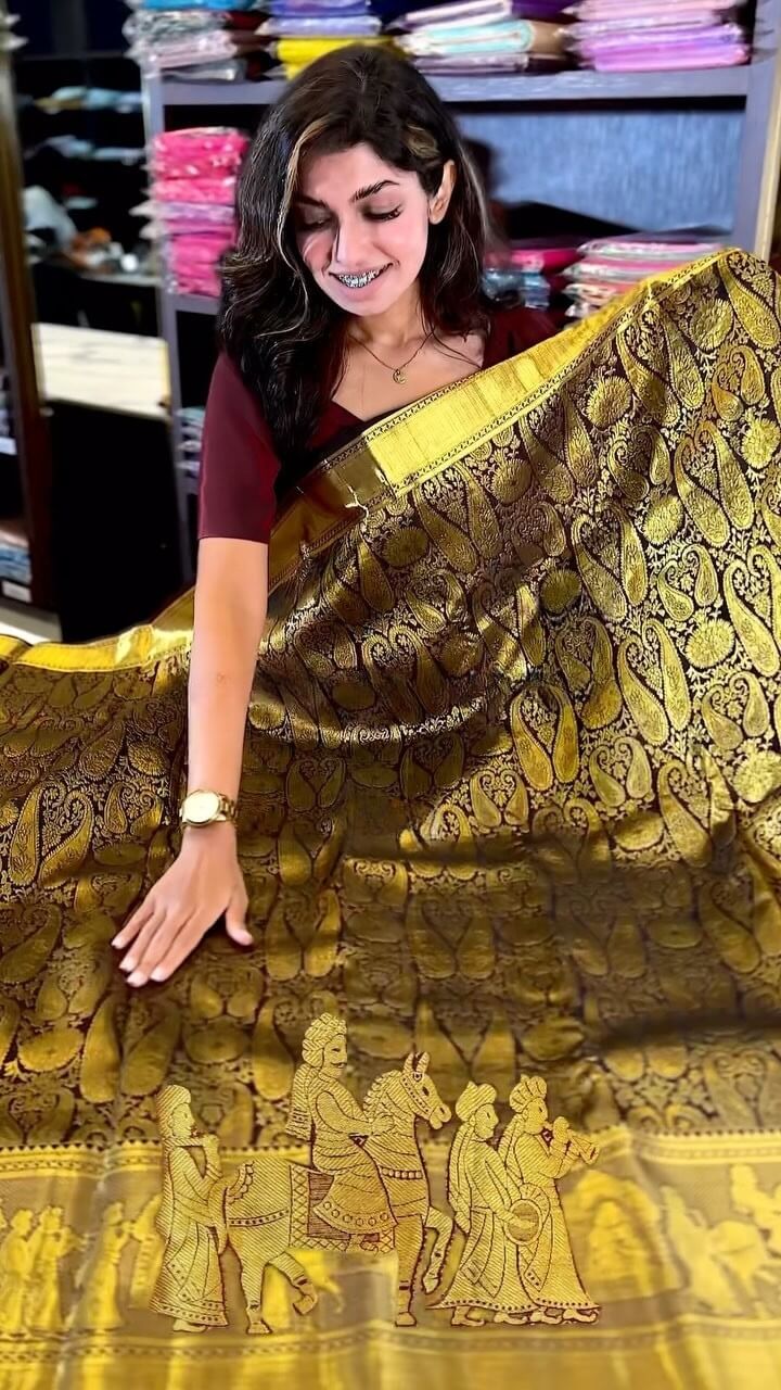 Outstanding Brown Soft Banarasi Silk Saree With Verdant Blouse Piece