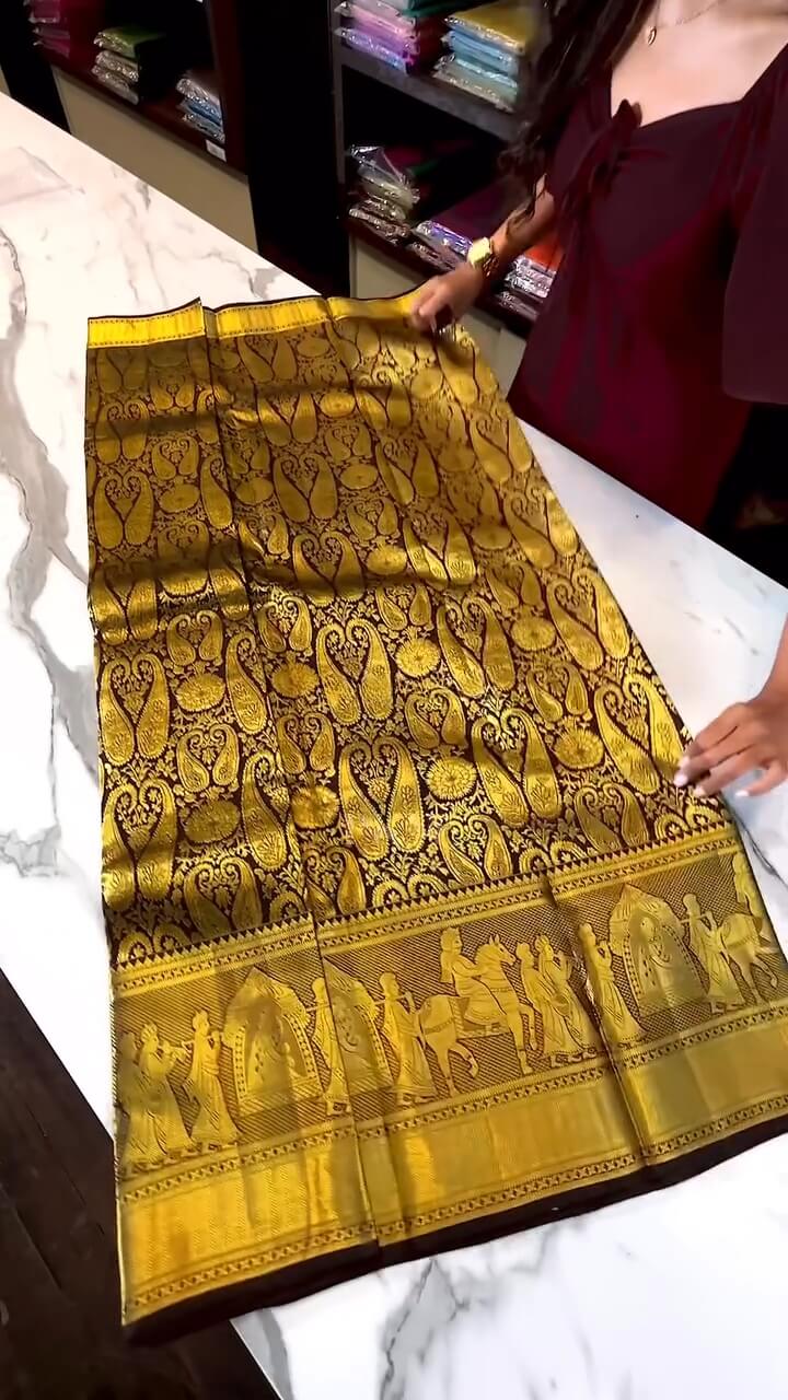 Outstanding Brown Soft Banarasi Silk Saree With Verdant Blouse Piece