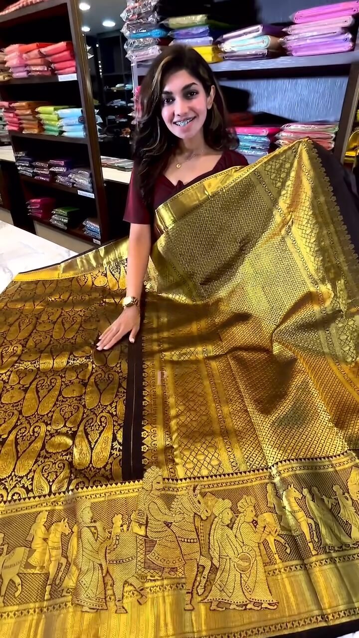 Outstanding Brown Soft Banarasi Silk Saree With Verdant Blouse Piece