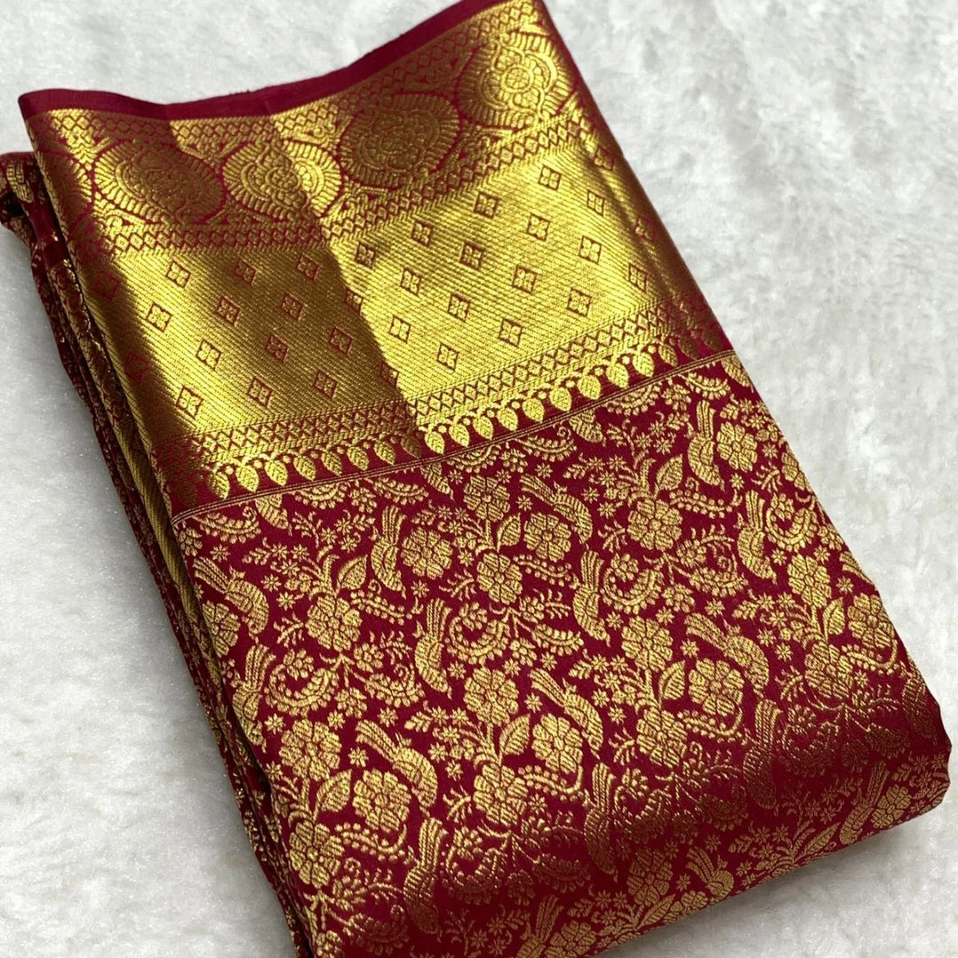 Denouement Red Soft Banarasi Silk Saree With Sizzling Blouse Piece