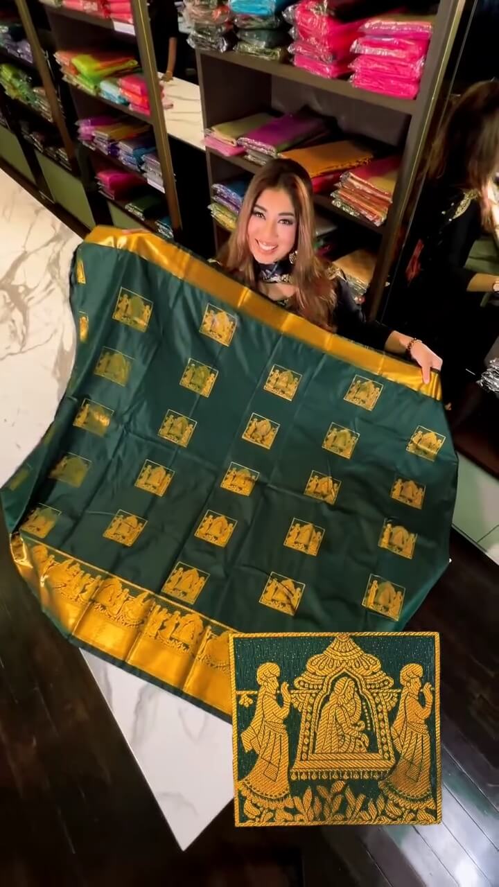 Evanescent Dark Green Soft Banarasi Silk Saree With Groovy Blouse Piece