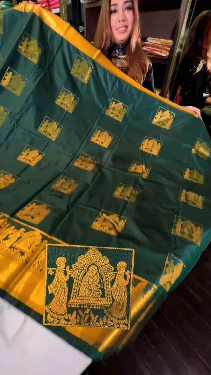 Evanescent Dark Green Soft Banarasi Silk Saree With Groovy Blouse Piece