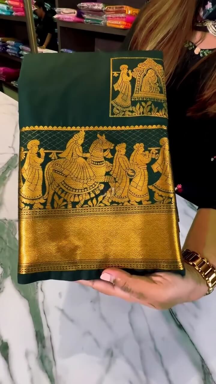 Evanescent Dark Green Soft Banarasi Silk Saree With Groovy Blouse Piece