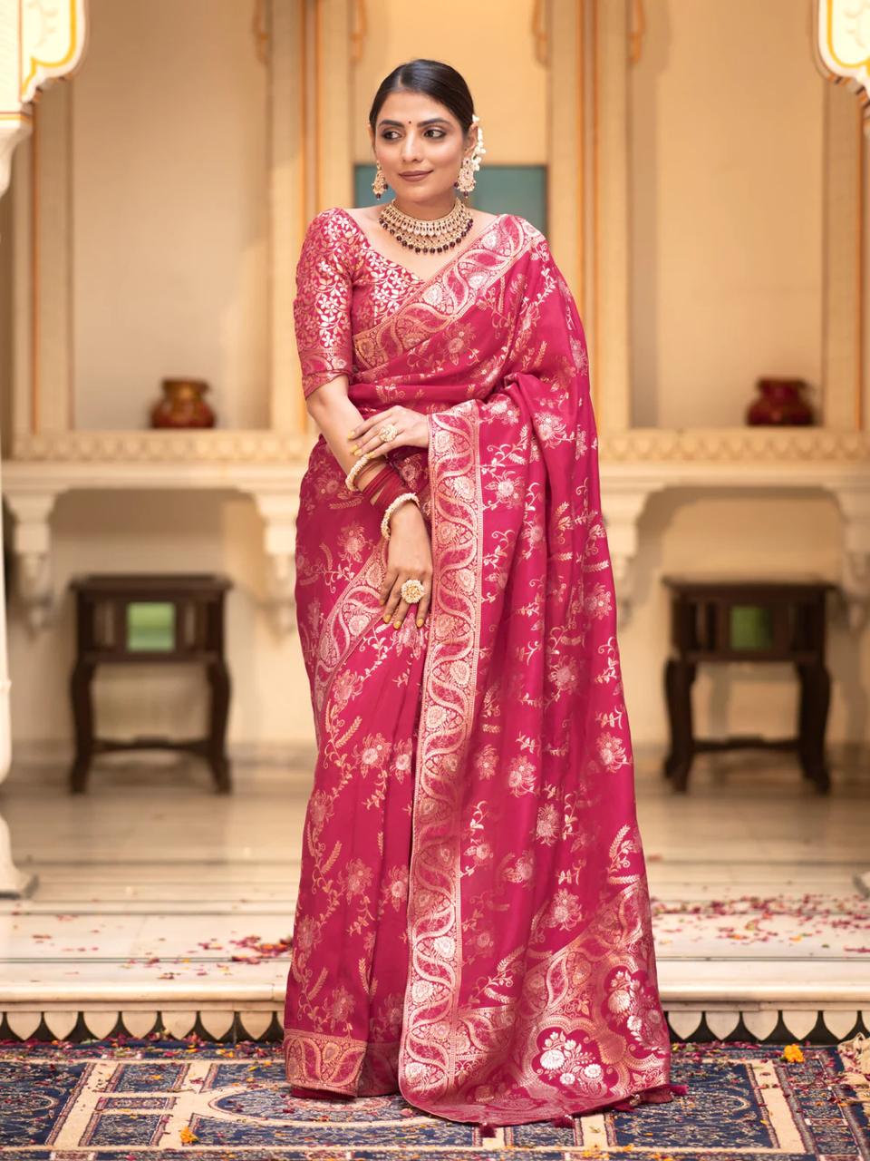 Precious Dark Pink Soft Silk Saree With Demure Blouse Piece