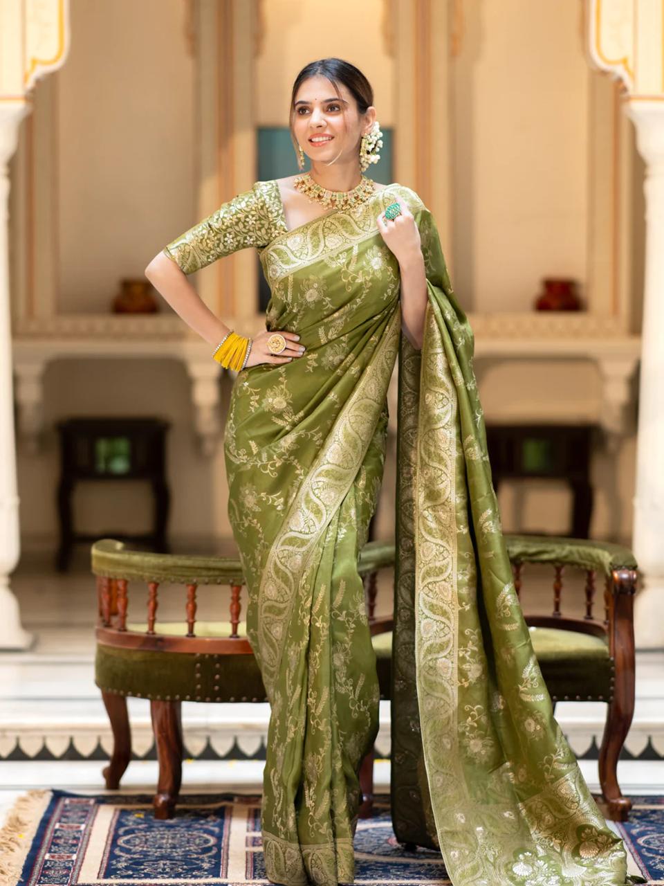 Refreshing Mehndi Soft Silk Saree With Excellent Blouse Piece