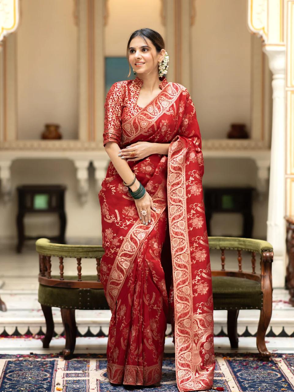 Attractive Red Soft Silk Saree With Desuetude Blouse Piece