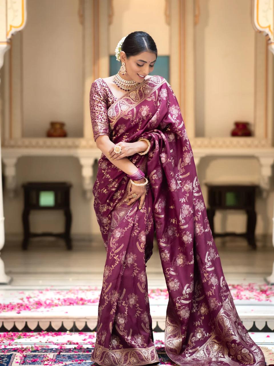 Phenomenal Wine Soft Silk Saree With Quintessential Blouse Piece