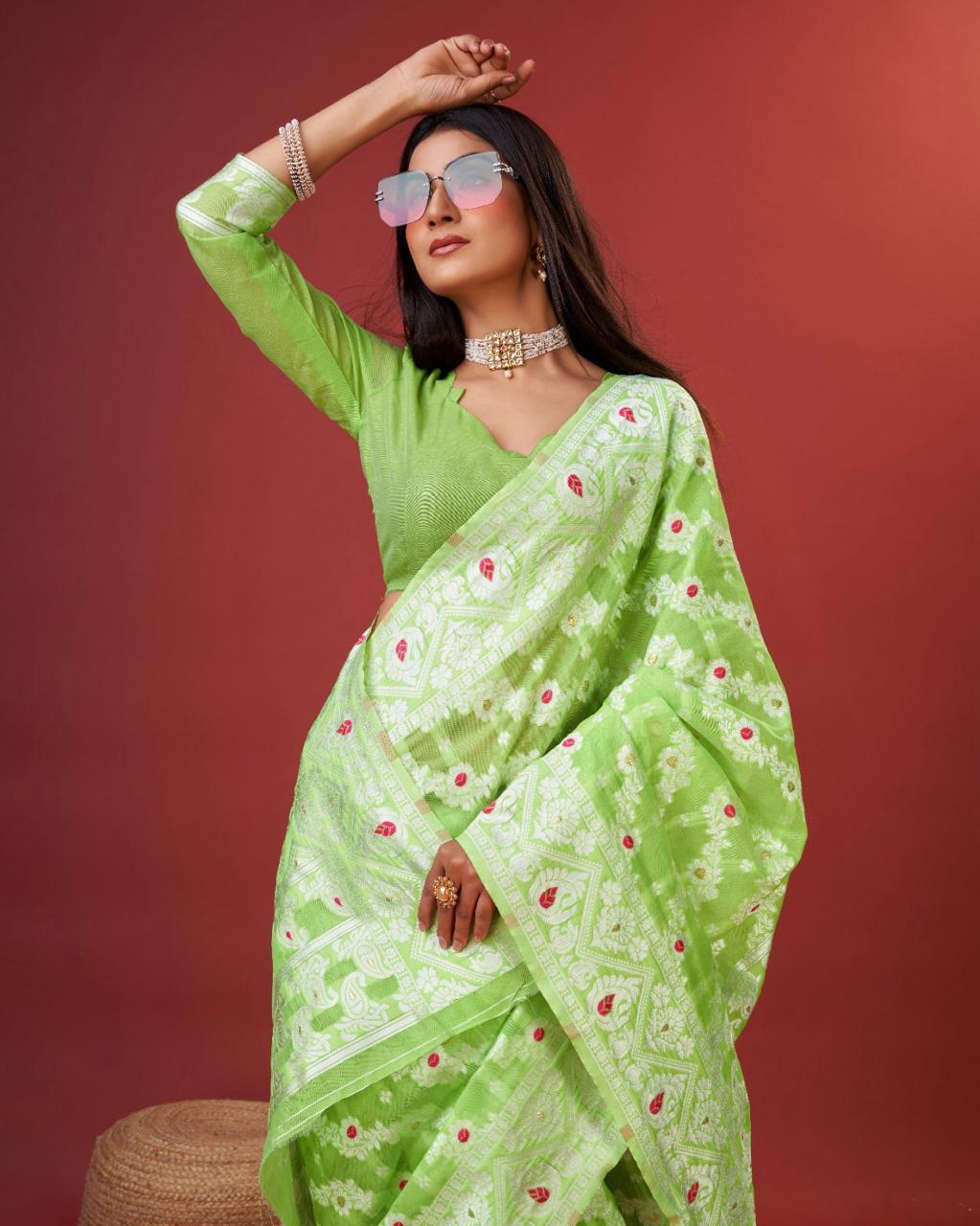 Pulsating Parrot Cotton Silk Saree With Incomparable Blouse Piece