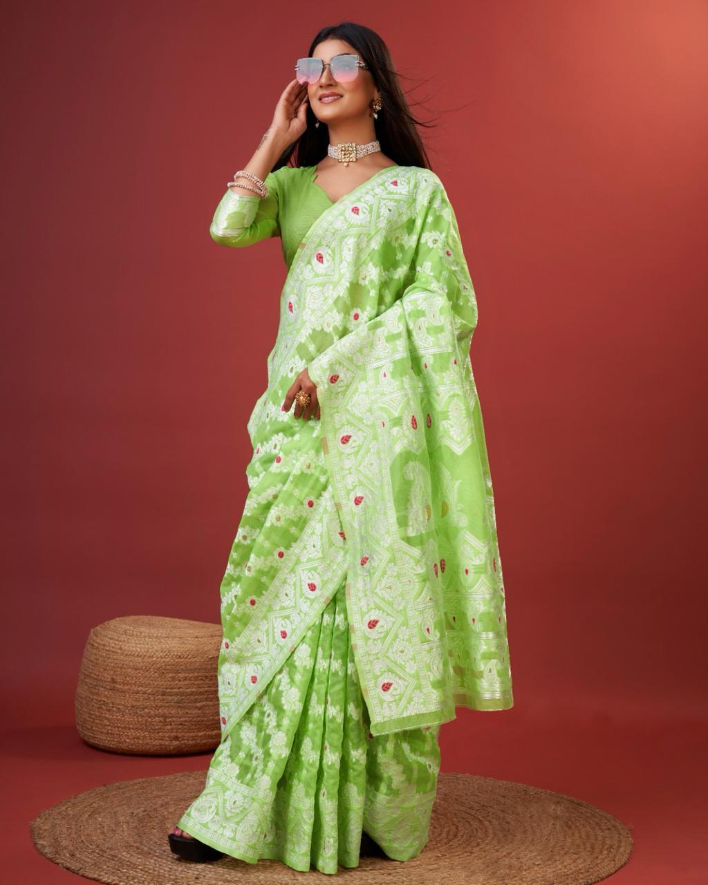 Pulsating Parrot Cotton Silk Saree With Incomparable Blouse Piece