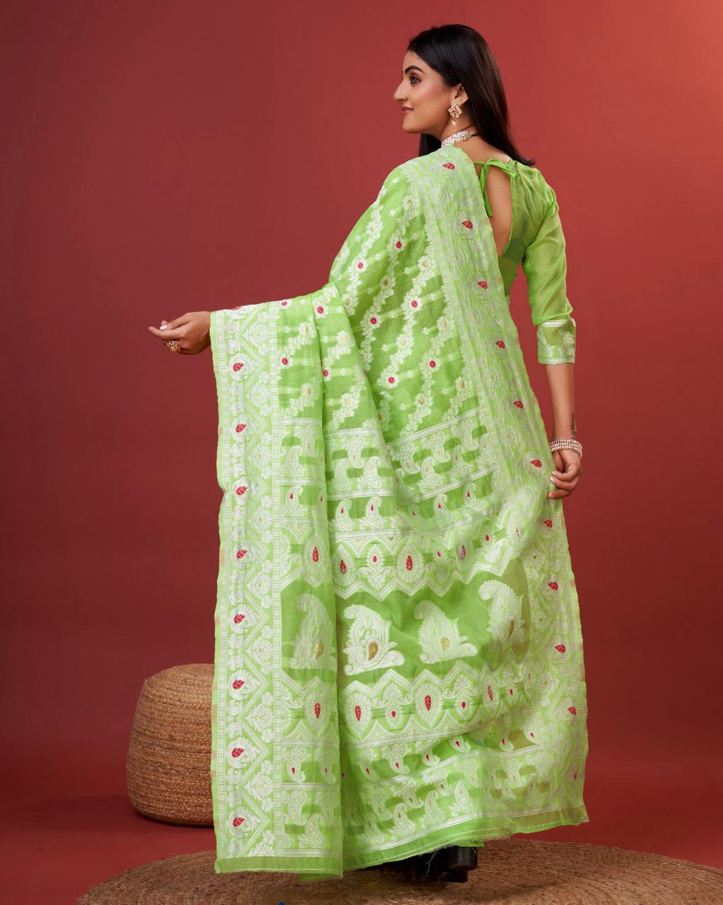 Pulsating Parrot Cotton Silk Saree With Incomparable Blouse Piece