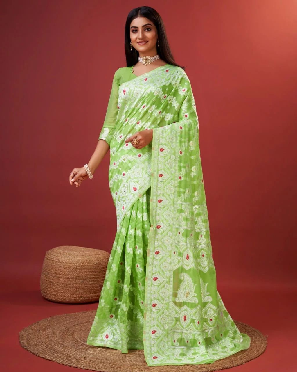 Pulsating Parrot Cotton Silk Saree With Incomparable Blouse Piece