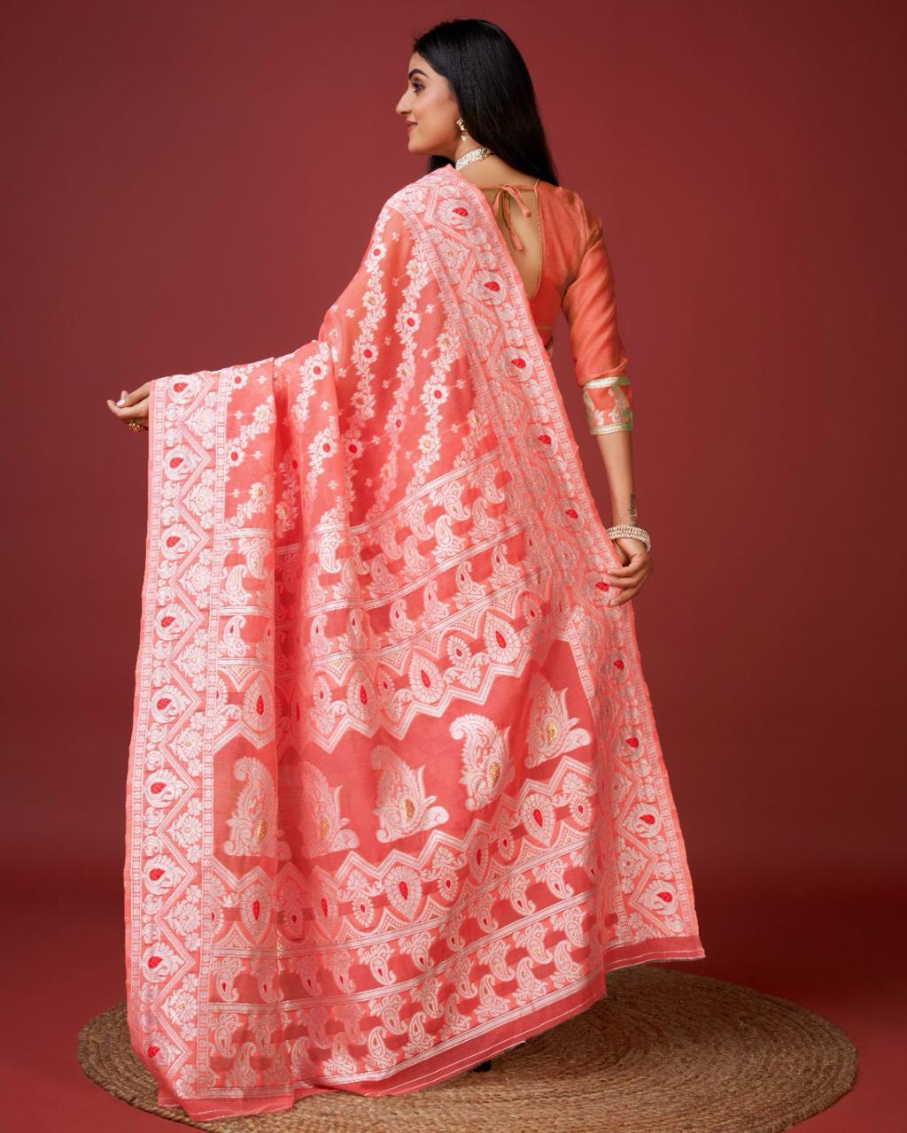 Engaging Peach Cotton Silk Saree With Alluring Blouse Piece