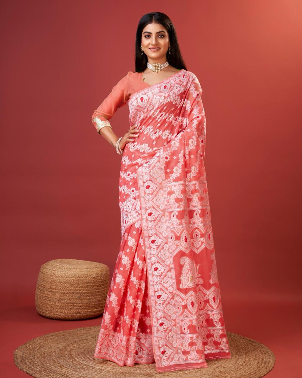 Engaging Peach Cotton Silk Saree With Alluring Blouse Piece