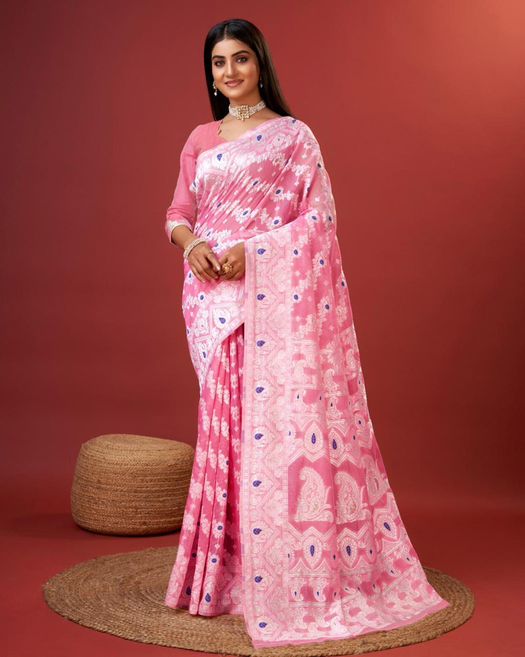 Splendiferous Pink Cotton Silk Saree With Effulgent Blouse Piece