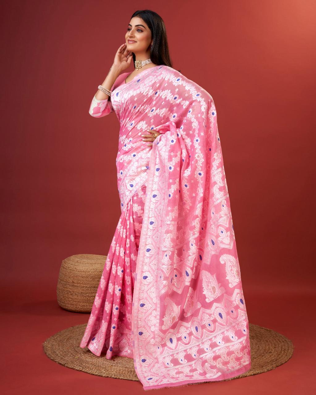 Splendiferous Pink Cotton Silk Saree With Effulgent Blouse Piece