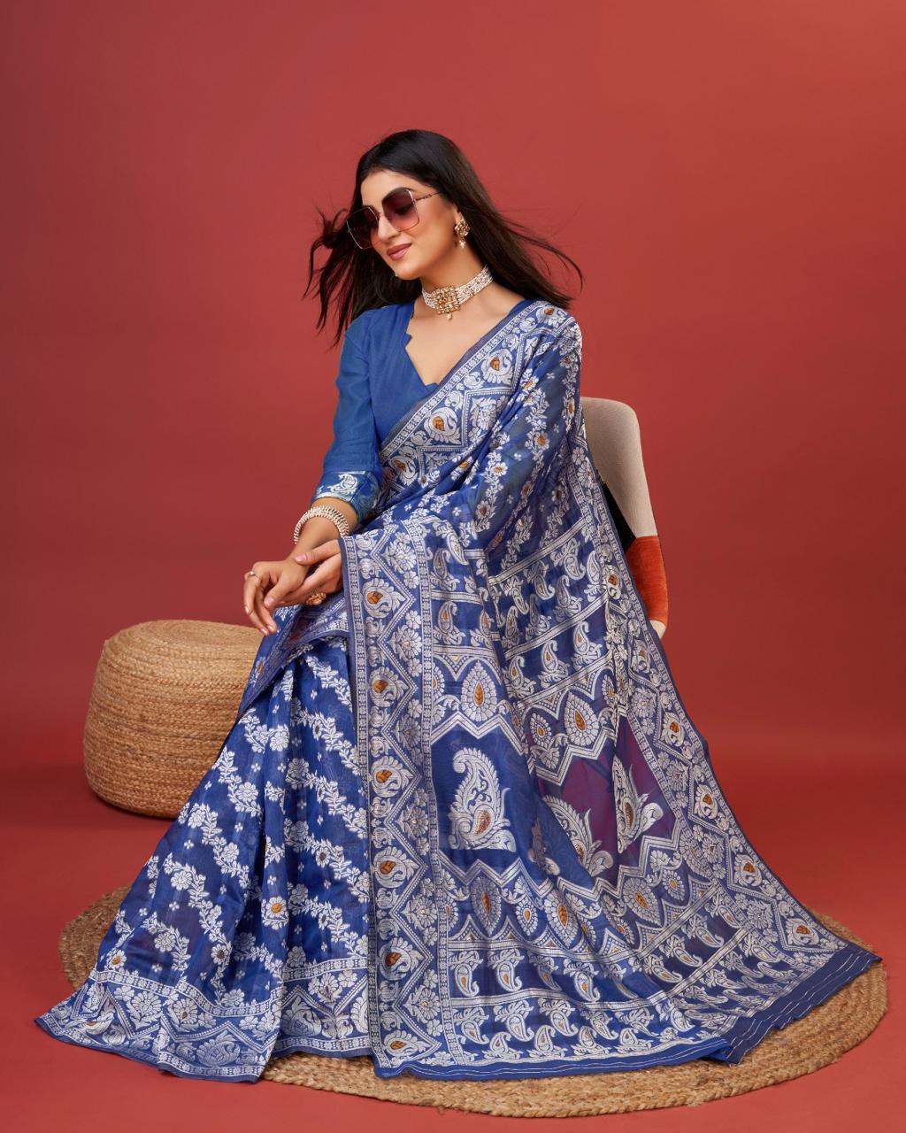 Scintilla Royal Blue Cotton Silk Saree With Resplendent Blouse Piece