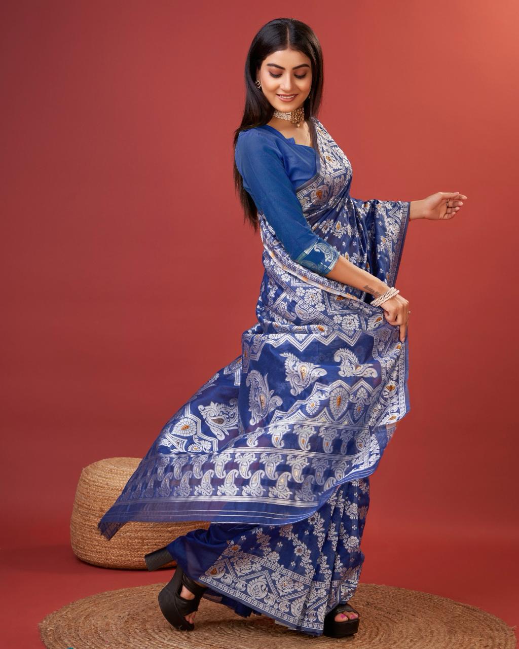 Scintilla Royal Blue Cotton Silk Saree With Resplendent Blouse Piece