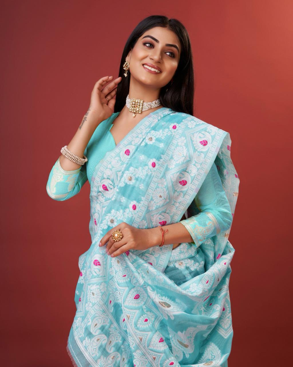 Moiety Sky Cotton Silk Saree With Vivacious Blouse Piece