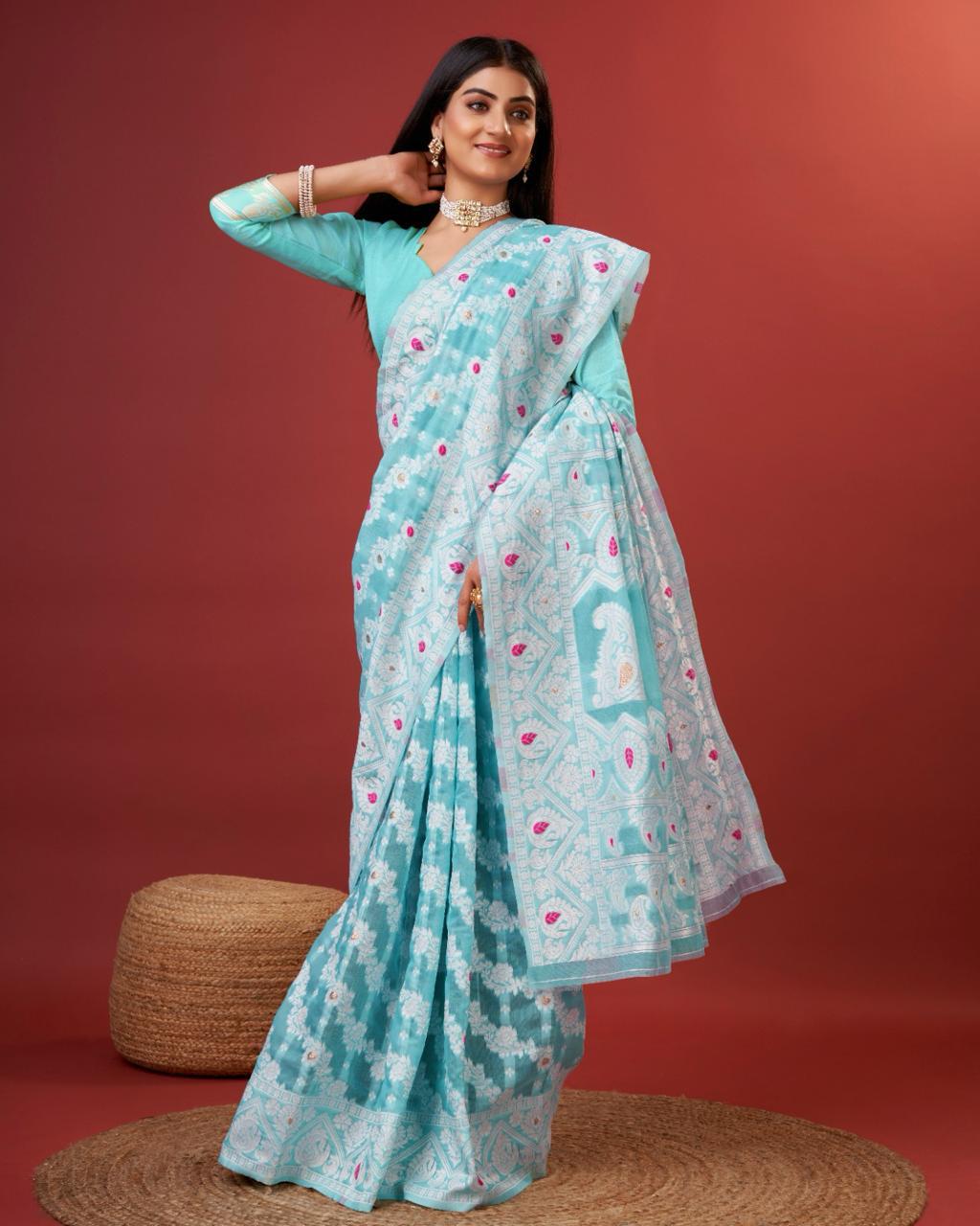 Moiety Sky Cotton Silk Saree With Vivacious Blouse Piece