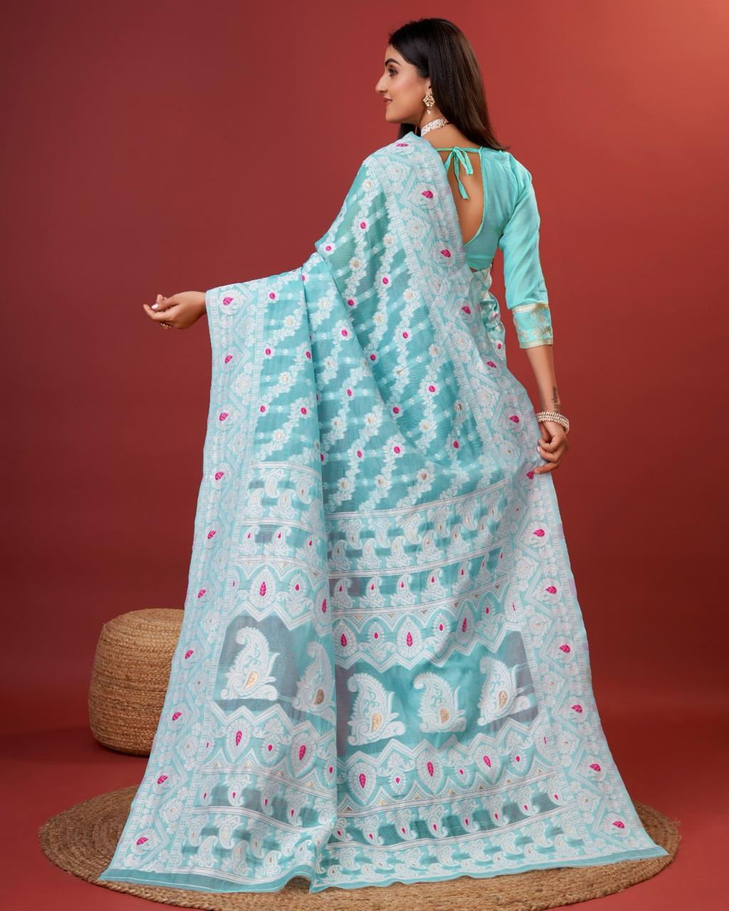 Moiety Sky Cotton Silk Saree With Vivacious Blouse Piece