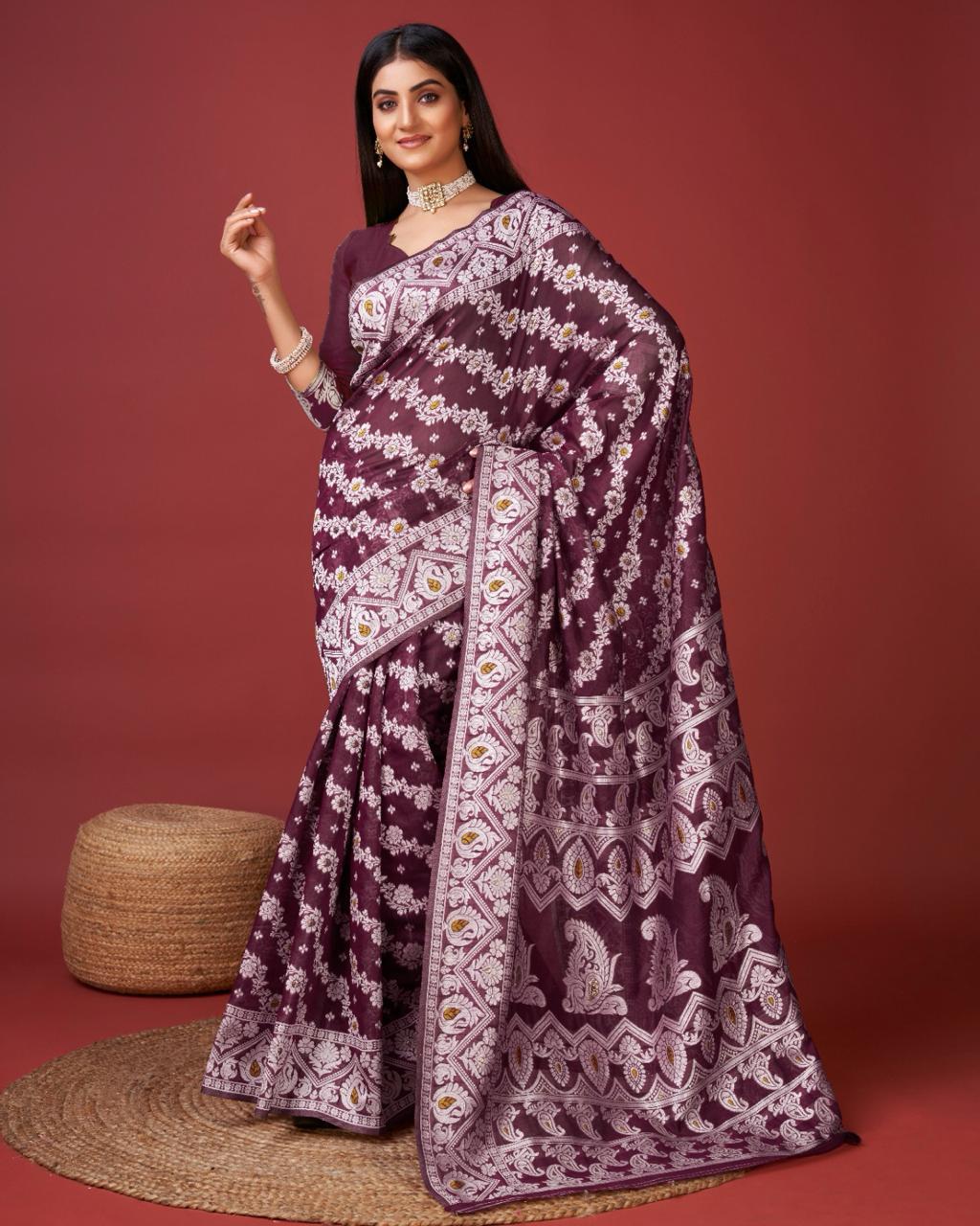 Nemesis Wine Cotton Silk Saree With Winsome Blouse Piece