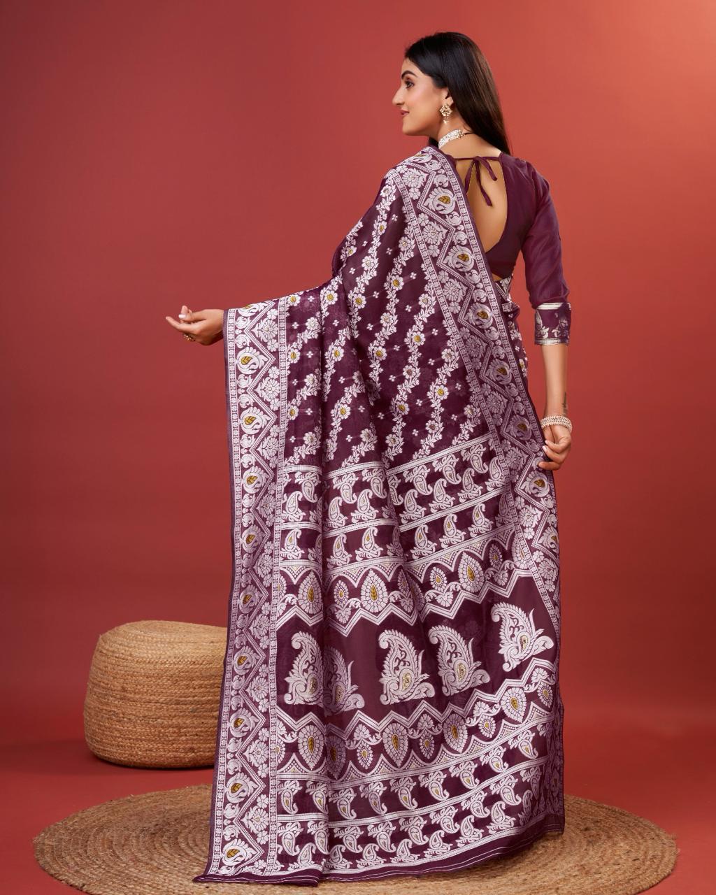 Nemesis Wine Cotton Silk Saree With Winsome Blouse Piece