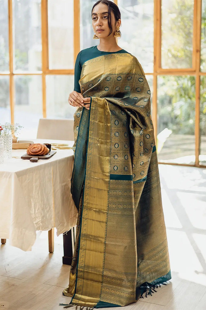 Proficient Dark Green Soft Silk Saree With Inimitable Blouse Piece