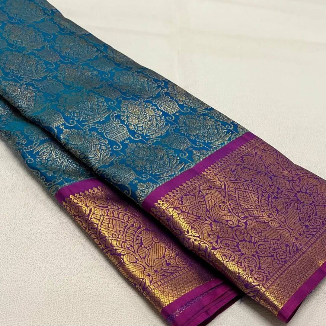 Exuberant Rama Soft Banarasi Silk Saree With Jubilant Blouse Piece